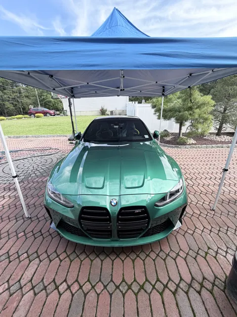 Green coupe hood and front grille beneath a canopy